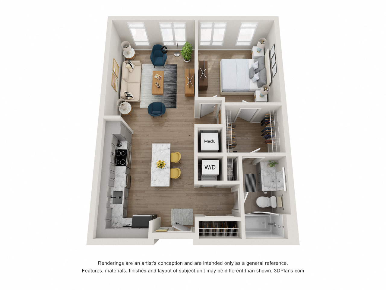 Floor plan for 1 bed, 1 bath, 670 sqft